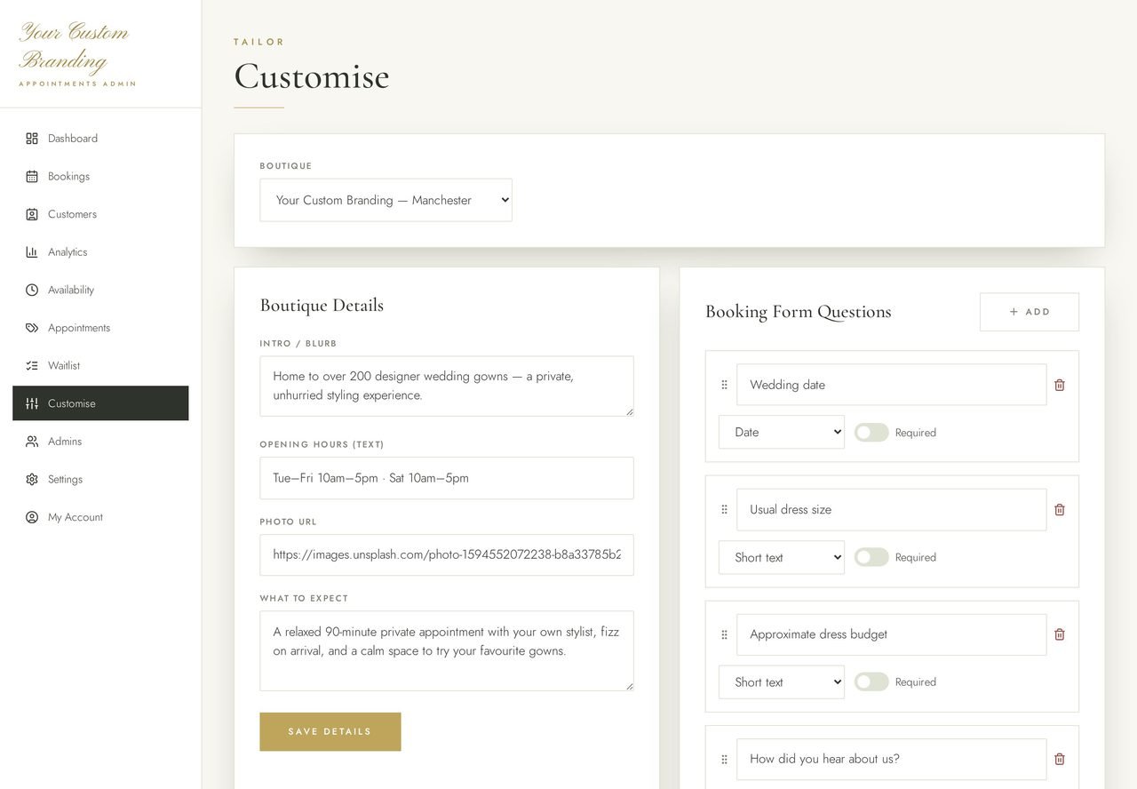 Customise page in the Ivory Digital staff control panel